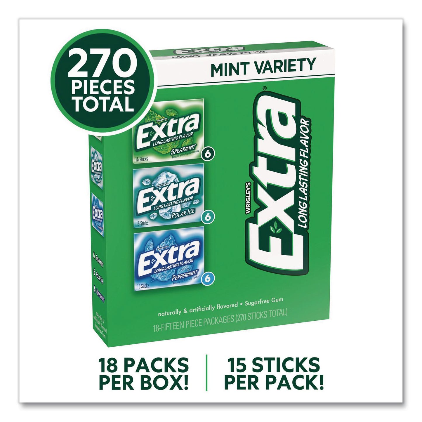 Wrigley's® Extra Mint Variety Sugar-Free Gum, Peppermint/Polar Ice/Spearmint, 15 Sticks/Pack, 18 Packs/Carton (GRR22002643)