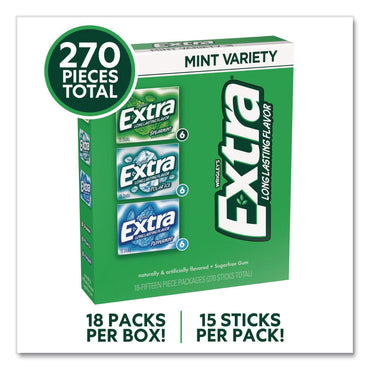 Wrigley's® Extra Mint Variety Sugar-Free Gum, Peppermint/Polar Ice/Spearmint, 15 Sticks/Pack, 18 Packs/Carton (GRR22002643)