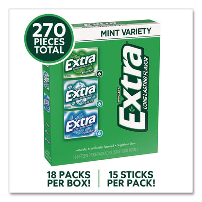 Wrigley's® Extra Mint Variety Sugar-Free Gum, Peppermint/Polar Ice/Spearmint, 15 Sticks/Pack, 18 Packs/Carton (GRR22002643)