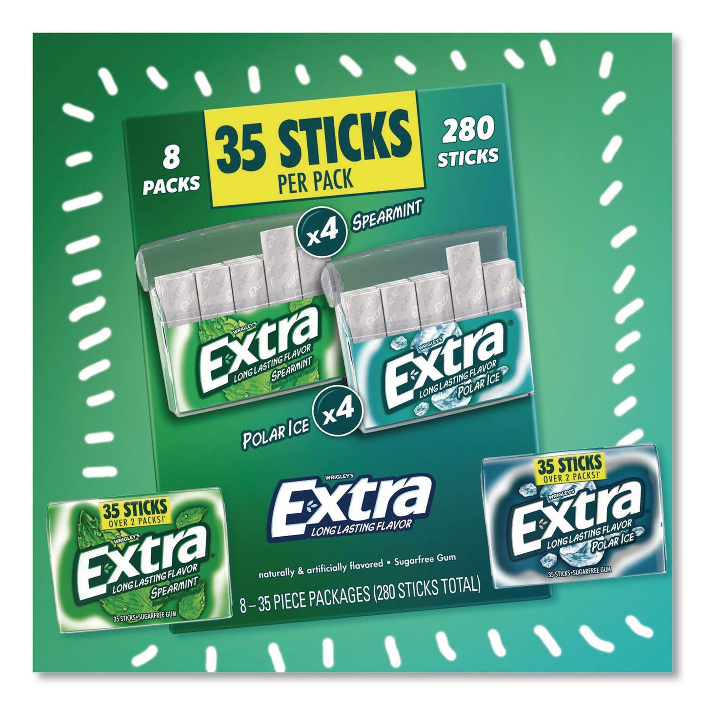 Wrigley's® Extra Polar Ice and Spearmint Sugar-Free Gum Variety Pack, Polar Ice/Spearmint, 35 Sticks/Pack, 8 Packs/Carton (GRR22002644)