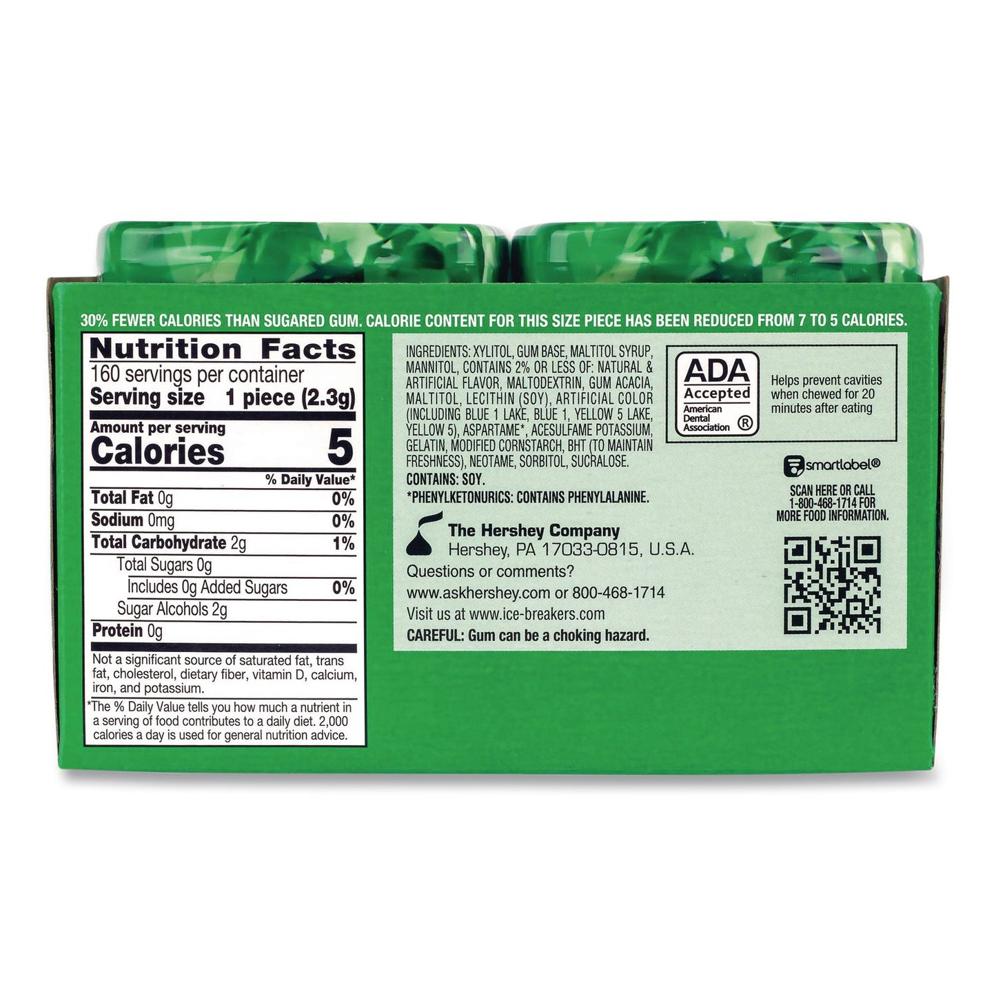 ICE BREAKERS Ice Cubes Spearmint Sugar-Free Gum, Spearmint, 40 Cubes/Bottle, 4 Bottles/Carton (GRR22002651)