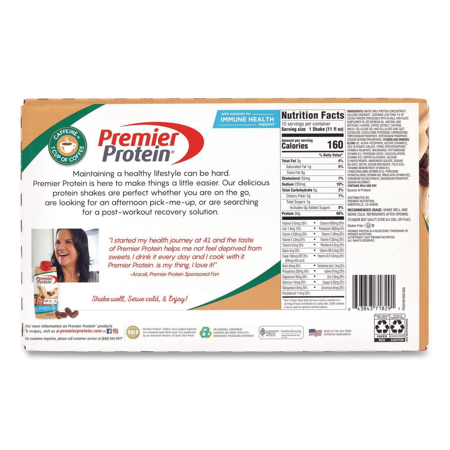 Premier Protein® Cafe Latte Shake, 11 oz Bottle, 15/Carton (GRR22002615)