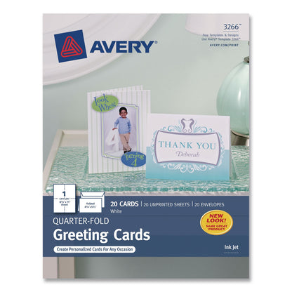 Avery® Quarter-Fold Greeting Cards with Matching Envelopes, 80 lb, 5.5 x 4.25, Matte White, 1 Card/Sheet, 20 Sheets/Pack (AVE3266)
