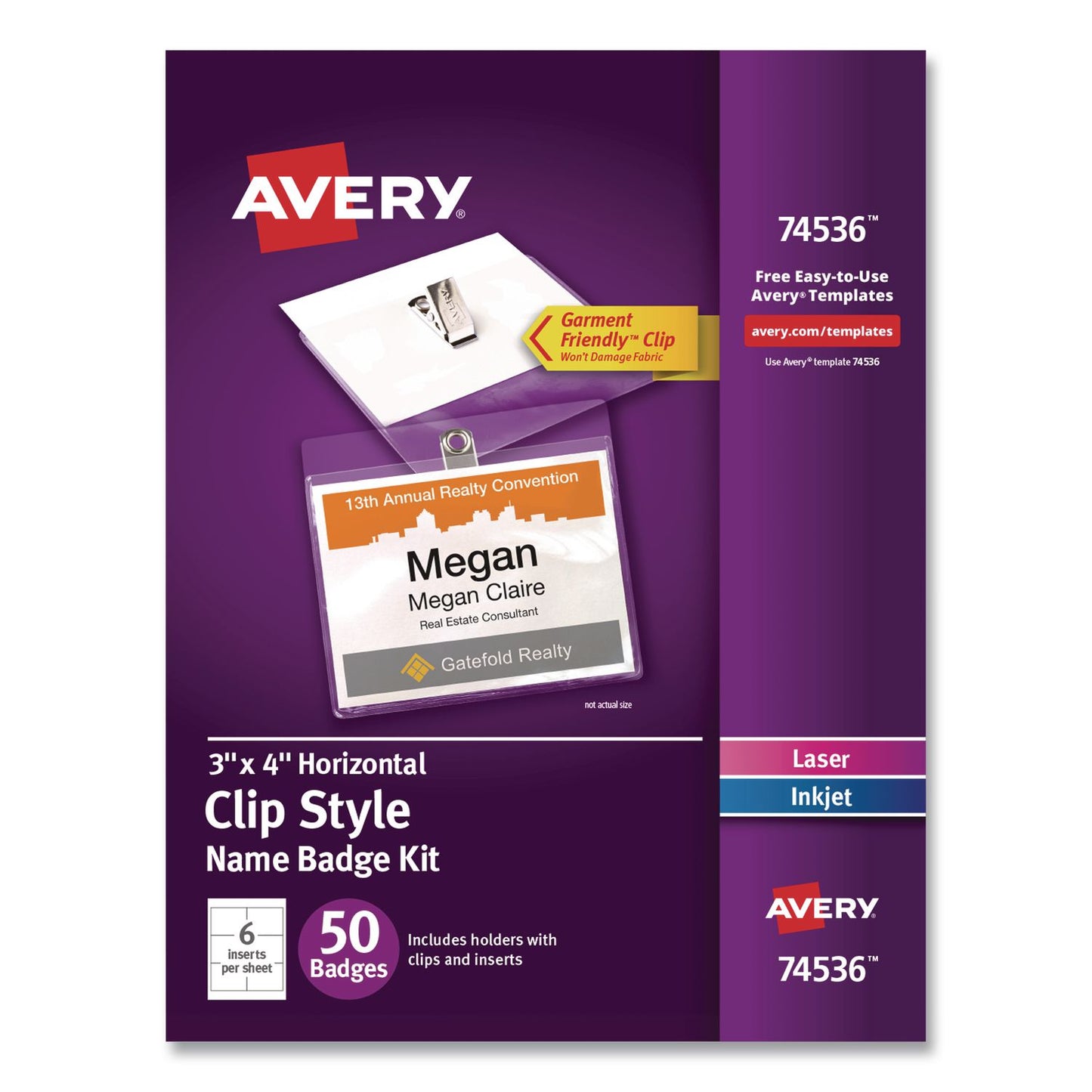 Avery® Clip-Style Name Badge Kit, Clear, 3 x 4 Insert, 50 Badges/Box, 5 Boxes/Carton (AVE74536)