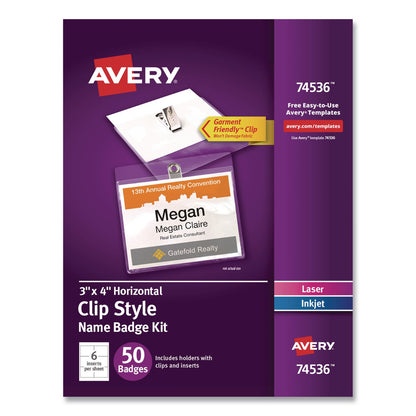 Avery® Clip-Style Name Badge Kit, Clear, 3 x 4 Insert, 50 Badges/Box, 5 Boxes/Carton (AVE74536)