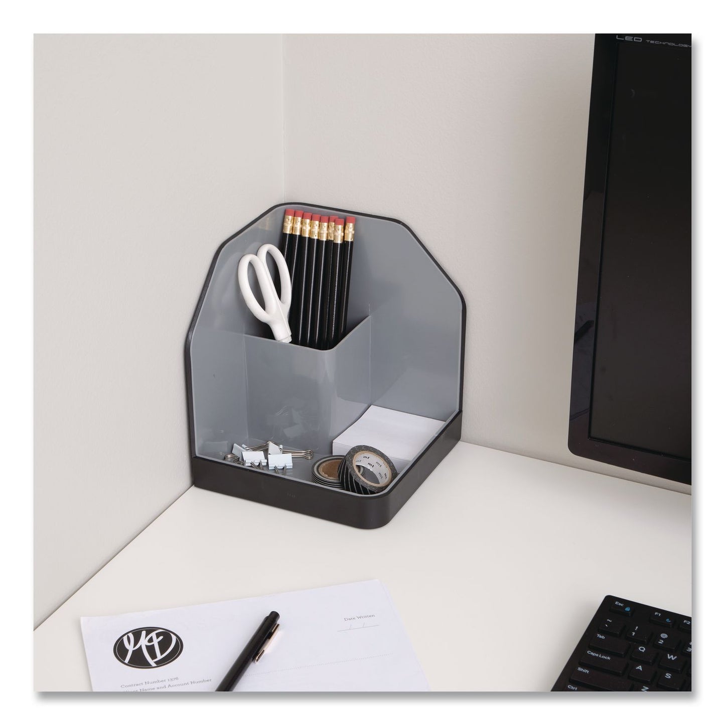 Advantus Fusion Plastic Corner Desktop Supplies Organizer, 2 Compartments, 6.67 x 7.4 x 6.67, Gray/Black, Plastic (AVT38338)