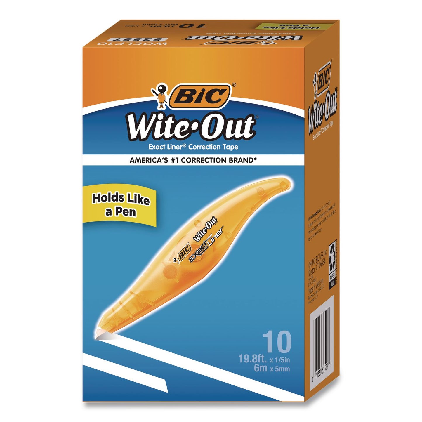 BIC® Wite-Out Brand Exact Liner Correction Tape, Non-Refillable, 0.2" x 19.8 ft, White Tape, Translucent Orange Dispenser, 10/Box (BICWOELP10)