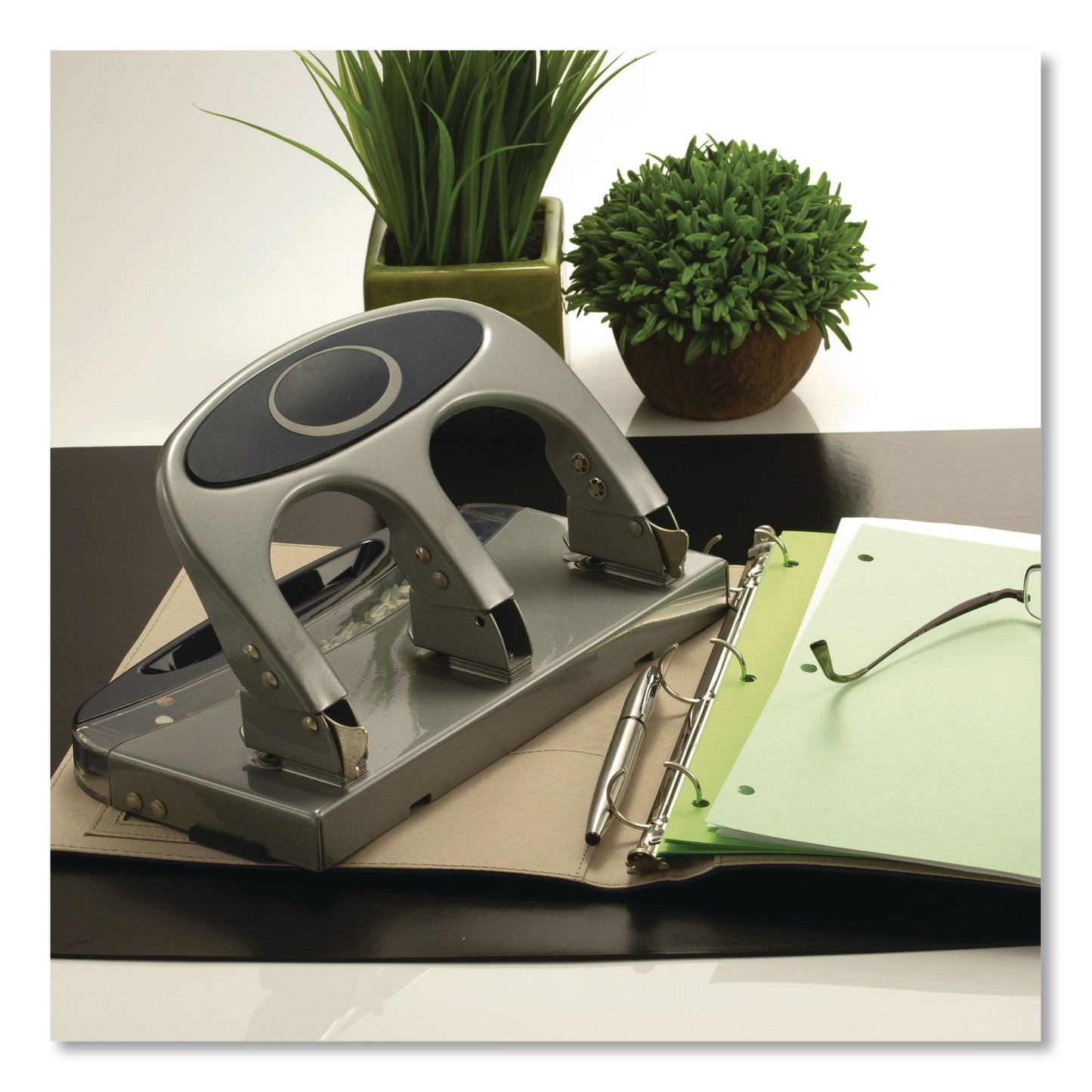 Officemate 45-Sheet Deluxe Desktop 3-Hole Punch, 0.25" Holes, Silver/Navy (OIC90100)