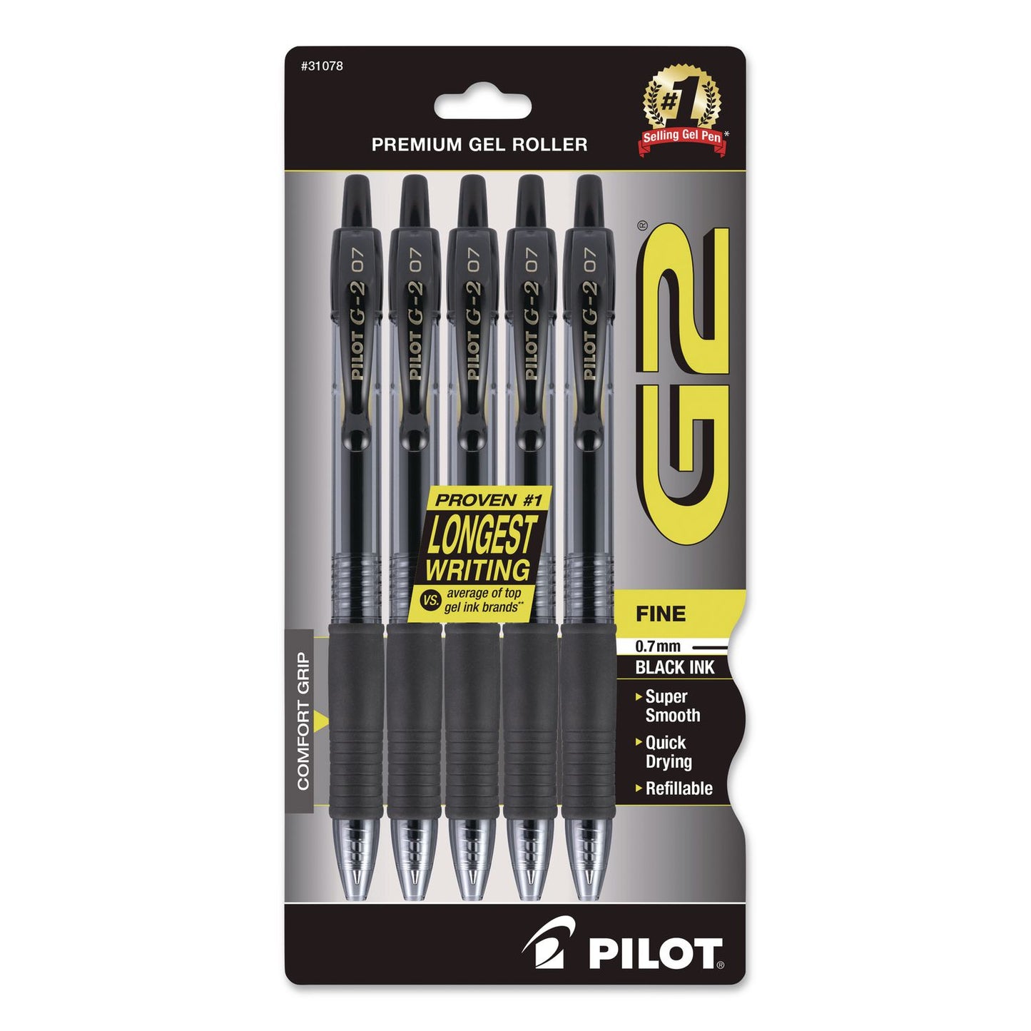 Pilot® G2 Premium Gel Pen, Retractable, Fine 0.7 mm, Black Ink, Smoke/Black Barrel, 5/Pack (PIL31078)
