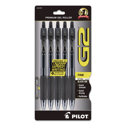 Pilot® G2 Premium Gel Pen, Retractable, Fine 0.7 mm, Black Ink, Smoke/Black Barrel, 5/Pack (PIL31078)