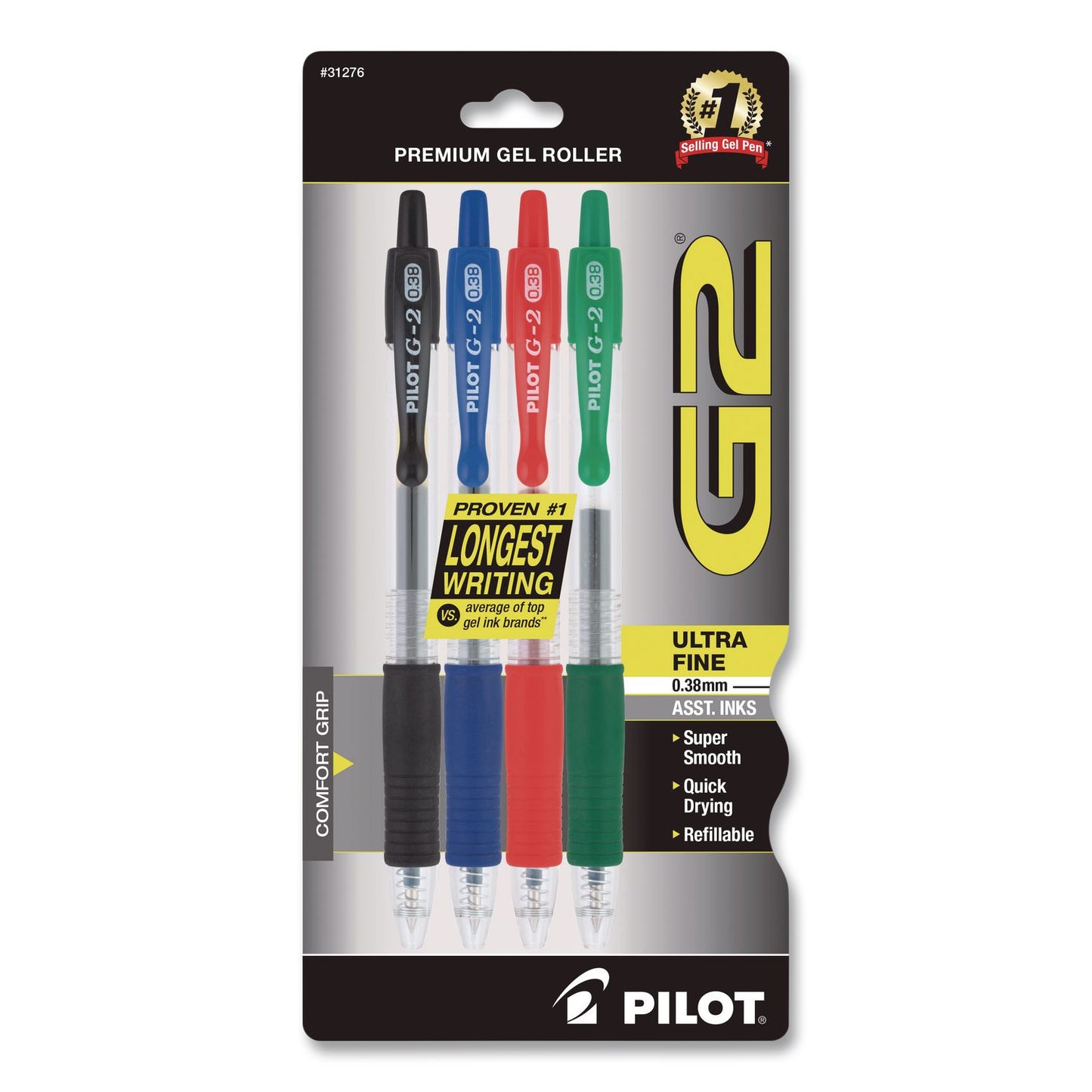 Pilot® G2 Premium Gel Pen, Retractable, Ultra-Fine, 0.38 mm, Assorted Ink/Barrel Colors, 4/Pack (PIL31276)
