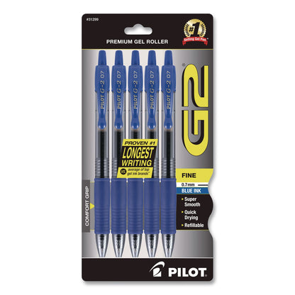 Pilot® G2 Premium Gel Pen, Retractable, Fine 0.7 mm, Blue Ink, Smoke/Blue Barrel, 5/Pack (PIL31299)