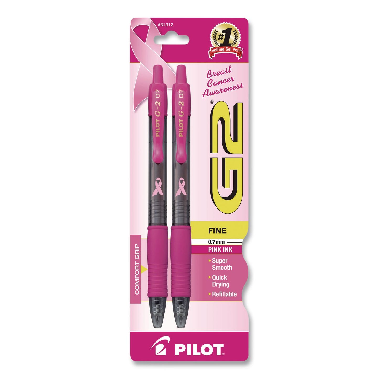 Pilot® G2 Premium Breast Cancer Awareness Gel Pen, Retractable, Fine 0.7 mm, Pink Ink, Smoke/Pink Barrel, 2/Pack (PIL31312)
