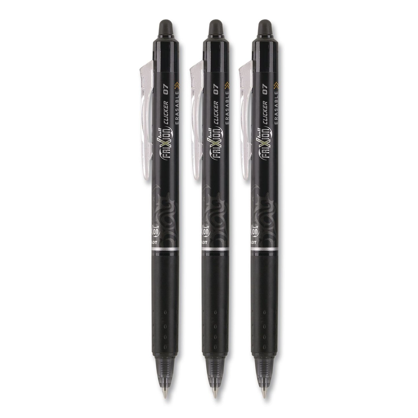 Pilot® FriXion Ball Clicker Erasable Gel Pen, Retractable, Fine 0.7 mm, Black Ink, Black Barrel, 3/Pack (PIL31464)