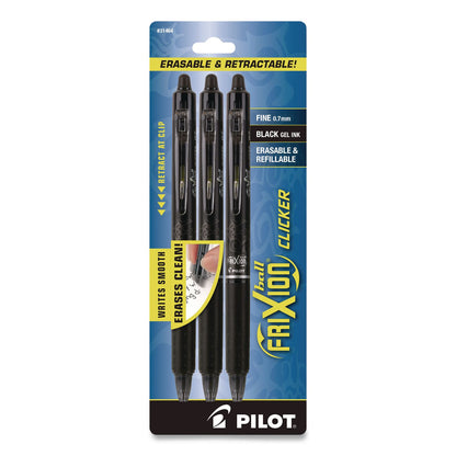 Pilot® FriXion Ball Clicker Erasable Gel Pen, Retractable, Fine 0.7 mm, Black Ink, Black Barrel, 3/Pack (PIL31464)