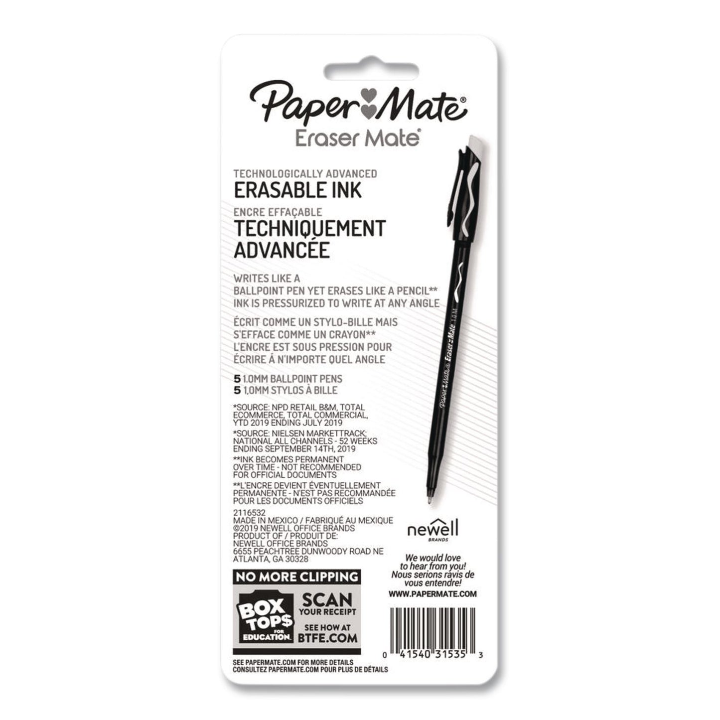 Paper Mate® Eraser Mate Ballpoint Pen, Stick, Medium 1 mm, Blue Ink, Blue Barrel, 5/Pack (PAP3153558PP)