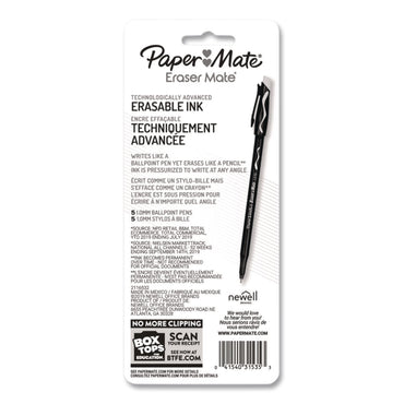 Paper Mate® Eraser Mate Ballpoint Pen, Stick, Medium 1 mm, Blue Ink, Blue Barrel, 5/Pack (PAP3153558PP)