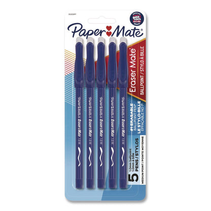 Paper Mate® Eraser Mate Ballpoint Pen, Stick, Medium 1 mm, Blue Ink, Blue Barrel, 5/Pack (PAP3153558PP)