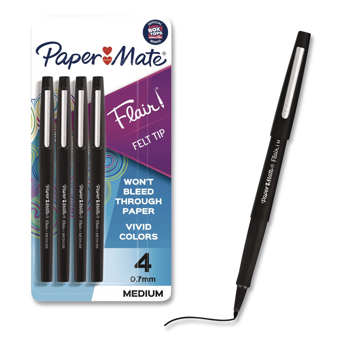 Paper Mate® Flair Felt Tip Porous Point Pen, Stick, Medium 0.7 mm, Black Ink, Black Barrel, 4/Pack (PAP8434452PP)