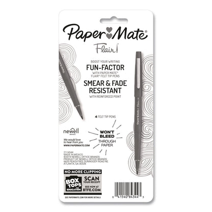 Paper Mate® Flair Felt Tip Porous Point Pen, Stick, Medium 0.7 mm, Black Ink, Black Barrel, 4/Pack (PAP8434452PP)