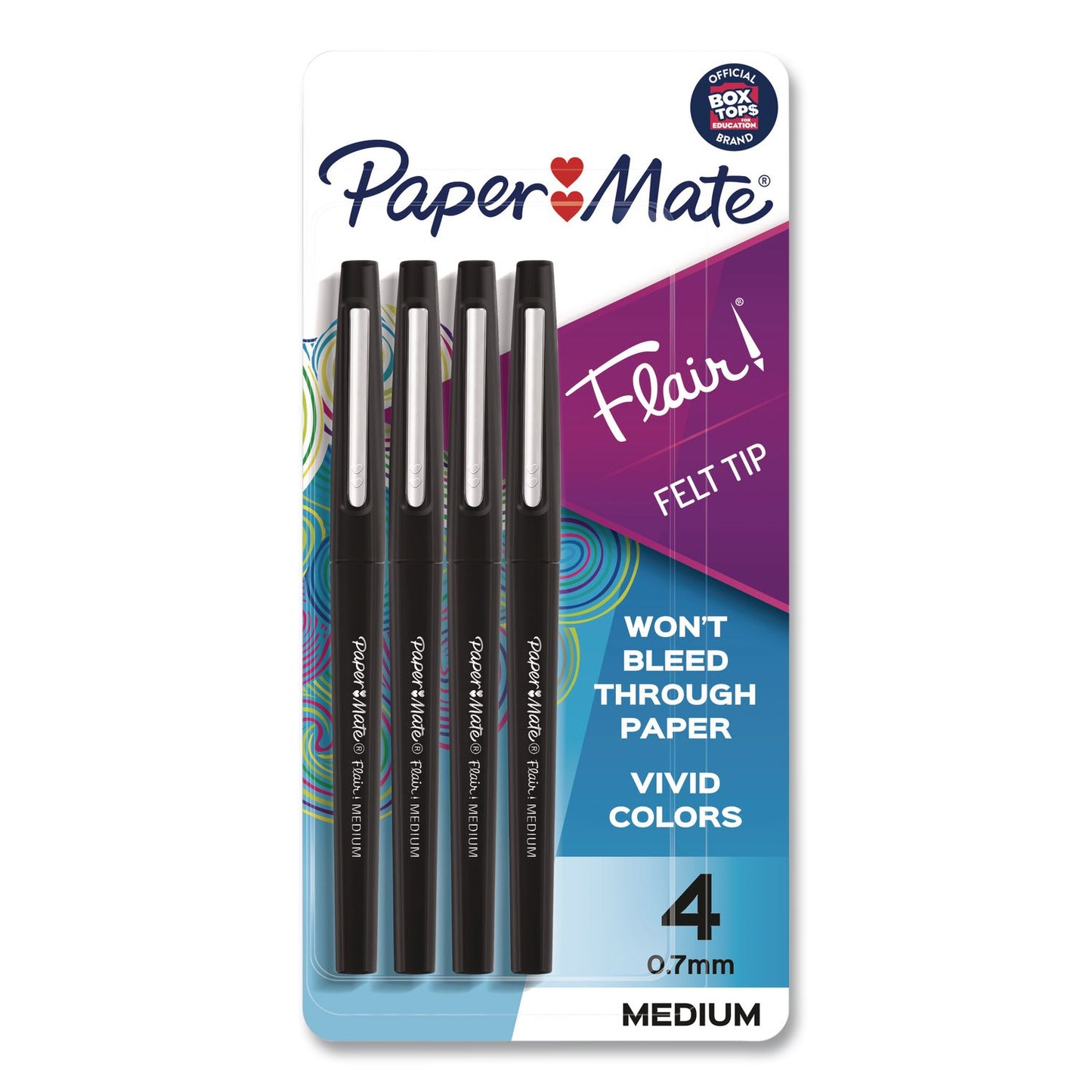 Paper Mate® Flair Felt Tip Porous Point Pen, Stick, Medium 0.7 mm, Black Ink, Black Barrel, 4/Pack (PAP8434452PP)