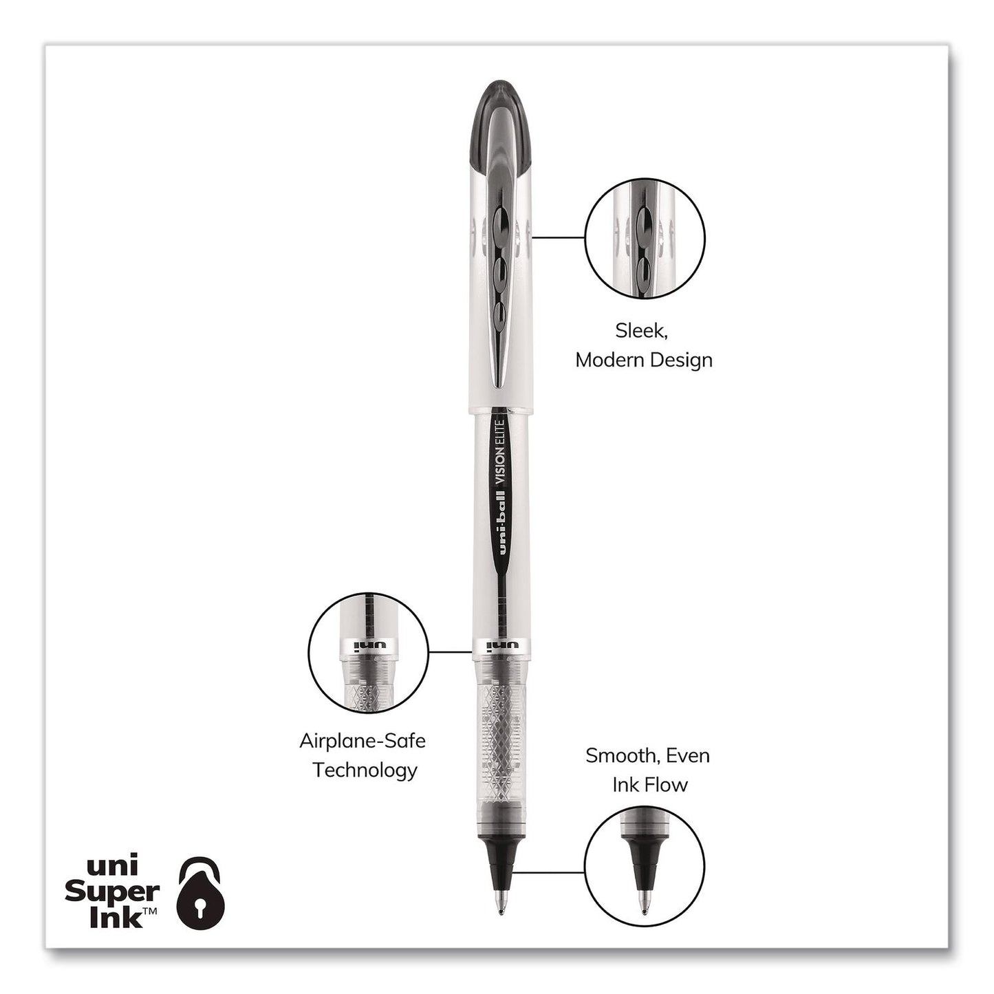 uniball® VISION ELITE Rollerball Pen, Stick, Bold 0.8 mm, Black Ink, White/Black/Clear Barrel, 4/Pack (UBC67180)