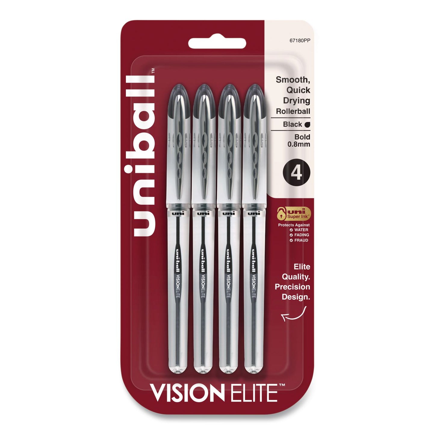 uniball® VISION ELITE Rollerball Pen, Stick, Bold 0.8 mm, Black Ink, White/Black/Clear Barrel, 4/Pack (UBC67180)