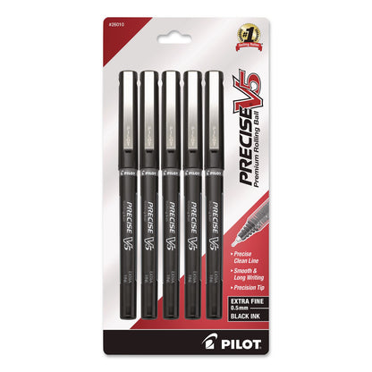 Pilot® Precise V5 Rollerball Pen, Stick, Extra-Fine 0.5 mm, Black Ink, Black/Clear Barrel, 5/Pack (PIL26010)