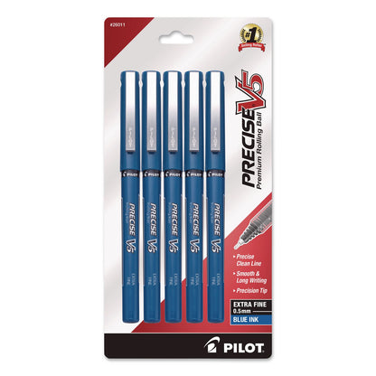 Pilot® Precise V5 Rollerball Pen, Stick, Extra-Fine 0.5 mm, Blue Ink, Blue/Clear Barrel, 5/Pack (PIL26011)