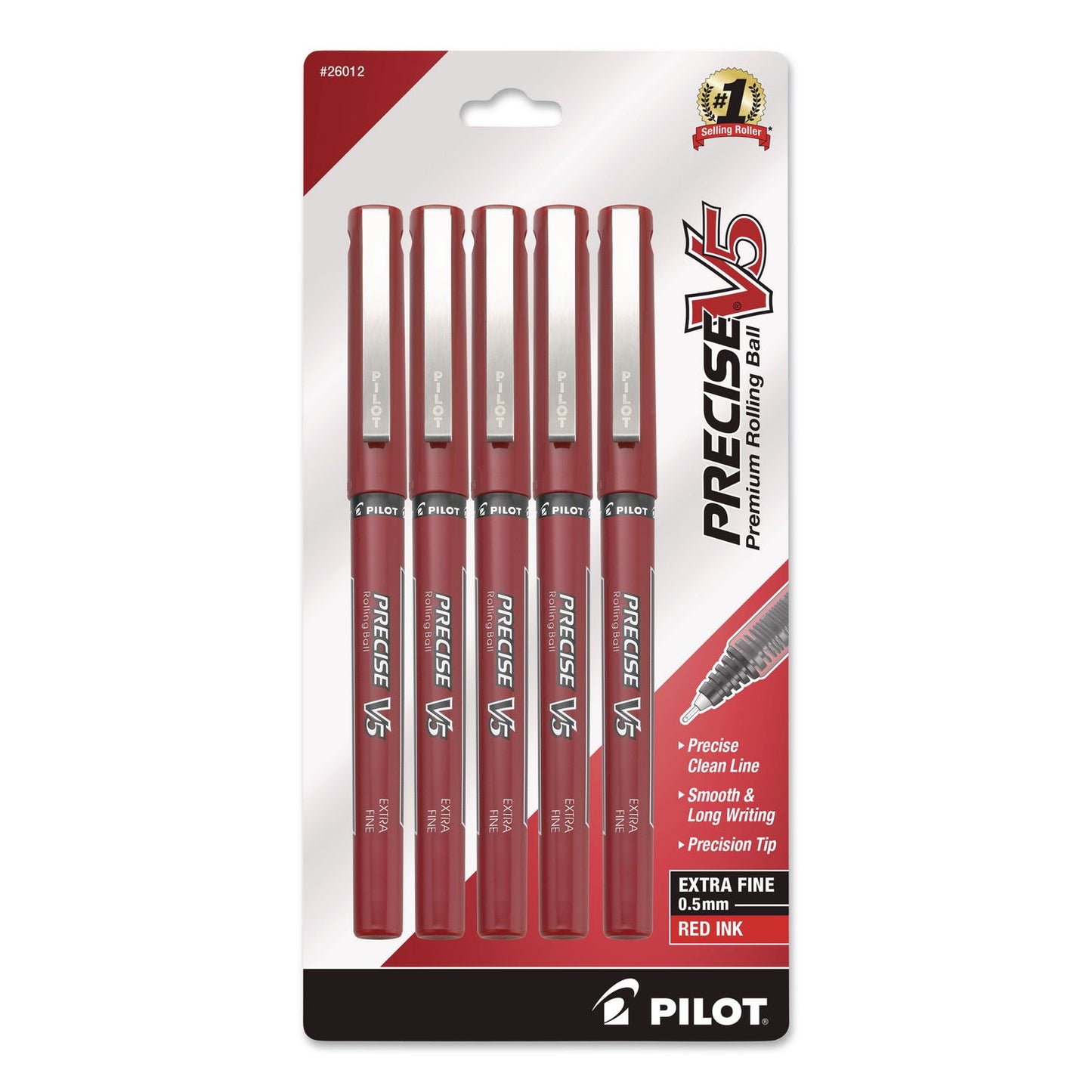 Pilot® Precise V5 Rollerball Pen, Stick, Extra-Fine 0.5 mm, Red Ink, Red/Clear Barrel, 5/Pack (PIL26012)