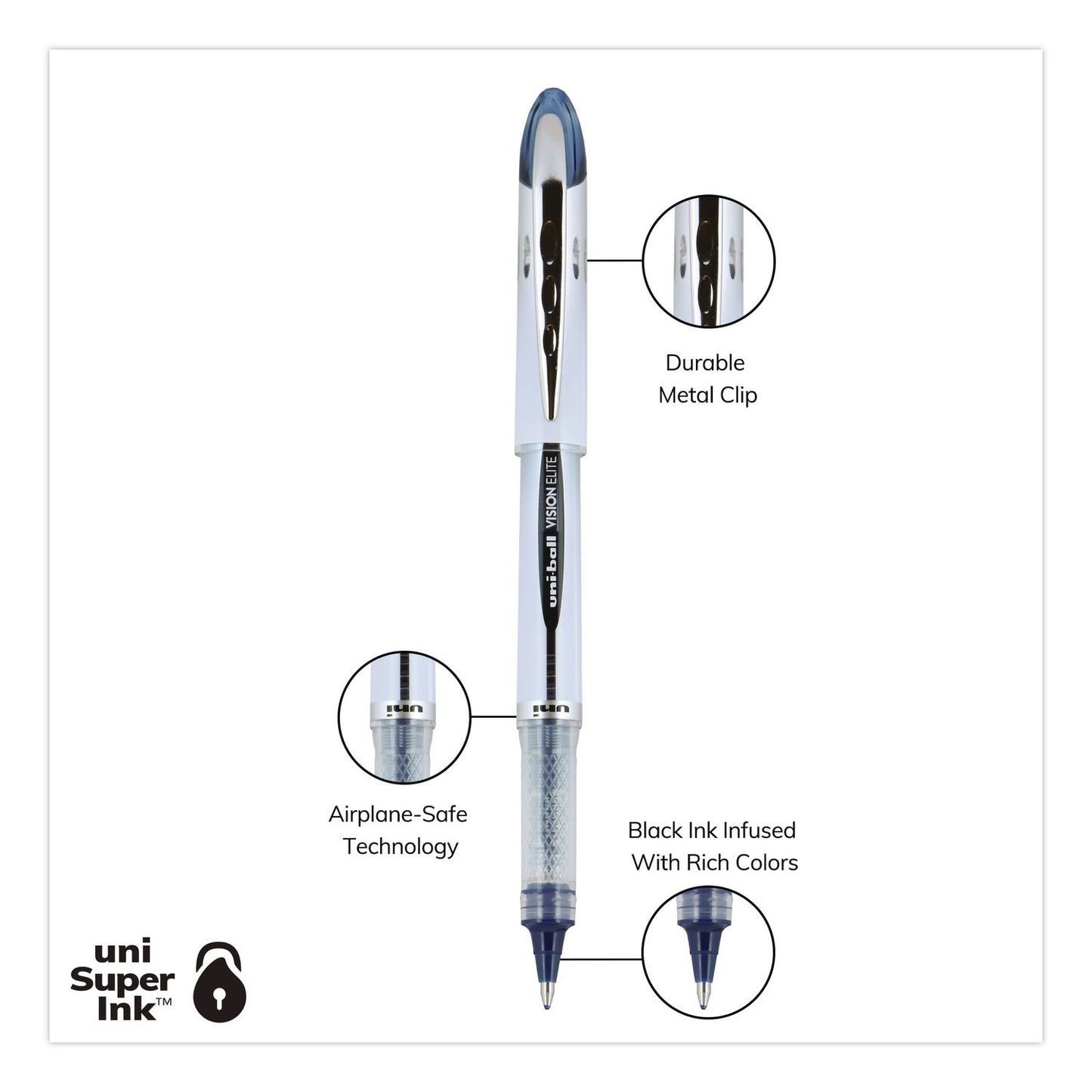 uniball® VISION ELITE BLX Series Hybrid Gel Pen, Stick, Bold 0.8 mm, Blue-Infused Black Ink, White/Blue/Clear Barrel, 4/Pack (UBC67182PP)