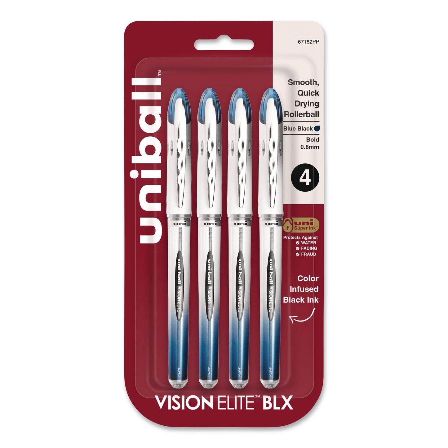 uniball® VISION ELITE BLX Series Hybrid Gel Pen, Stick, Bold 0.8 mm, Blue-Infused Black Ink, White/Blue/Clear Barrel, 4/Pack (UBC67182PP)