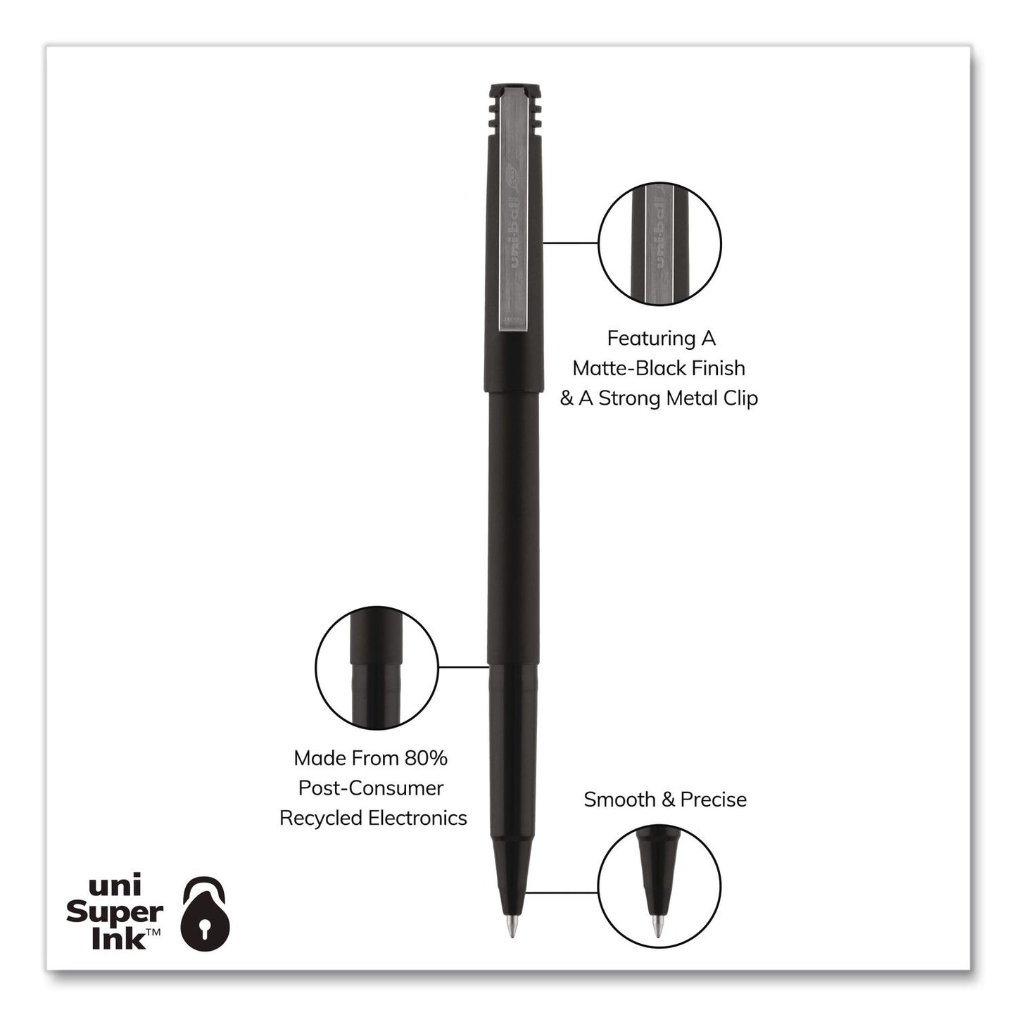 uniball® Rollerball Pen, Stick, Micro 0.5 mm, Black Ink, Black Barrel (UBC498774)