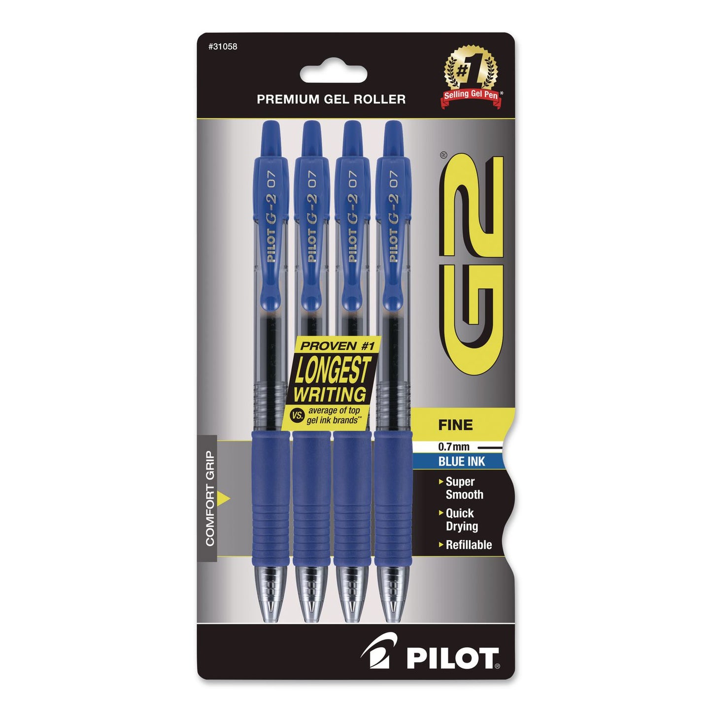 Pilot® G2 Premium Gel Pen, Retractable, Fine 0.7 mm, Blue Ink, Smoke/Blue Barrel, 4/Pack (PIL31058)