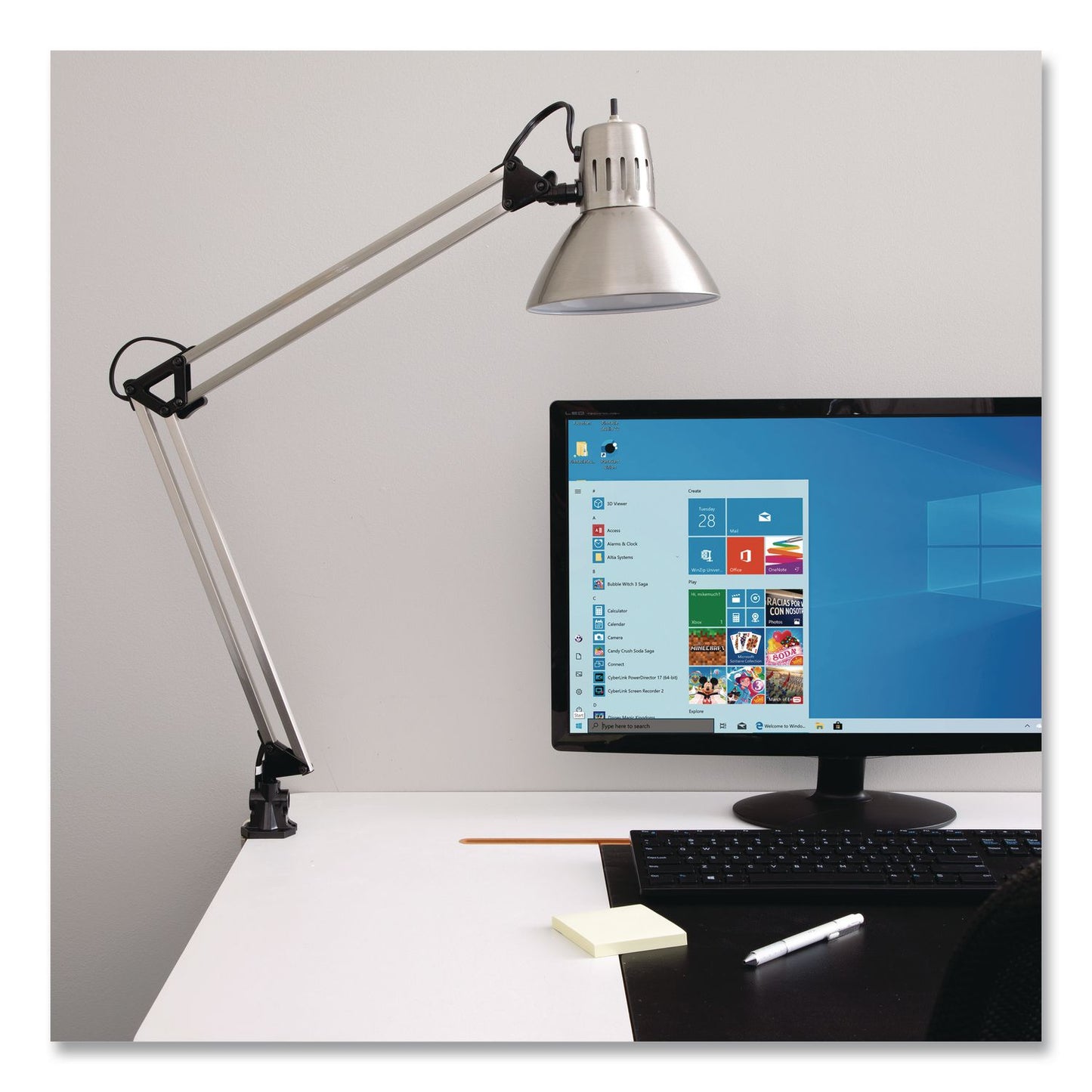 V-Light LED Desk Lamp Clamp Mount, Swing Arm, 34" High, Brushed Nickel/Black (VLUCAEN804C)