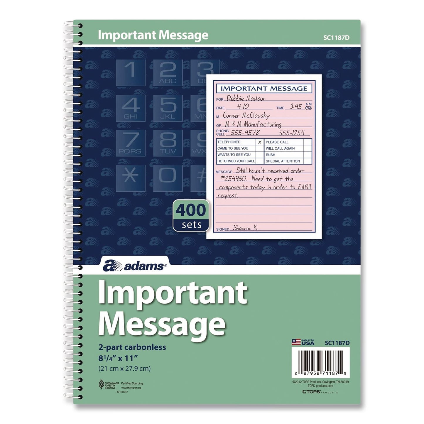 Adams® Important Message Book, Two-Part Carbonless, 4 Forms/Sheet, 400 Forms Total (ABFSC1187D)
