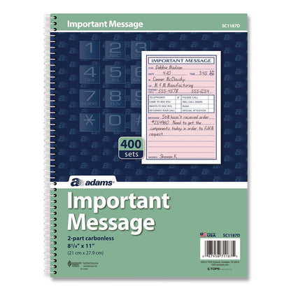 Adams® Important Message Book, Two-Part Carbonless, 4 Forms/Sheet, 400 Forms Total (ABFSC1187D)