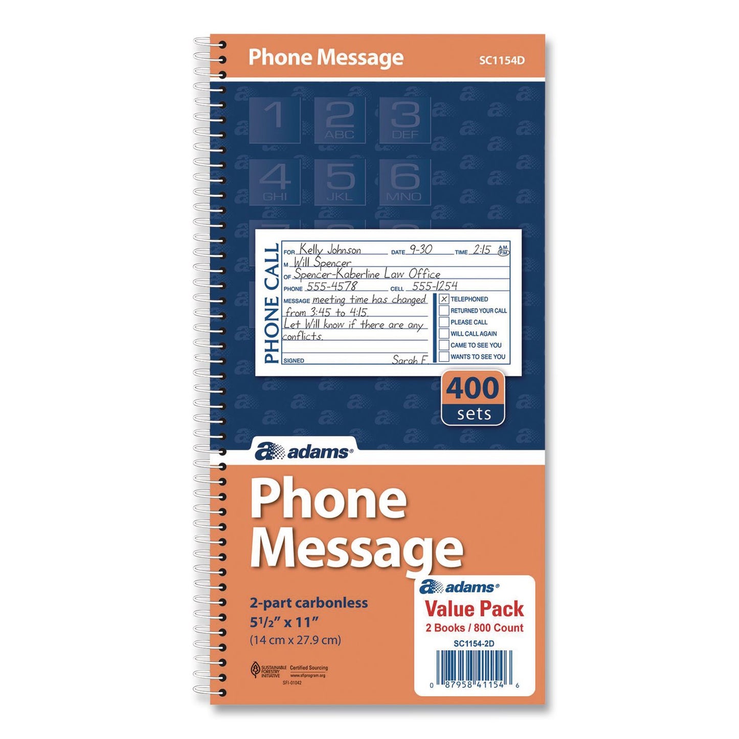 Adams® Wirebound Telephone Message Book, Two-Part Carbonless, 4.75 x 2.5, 4 Forms/Sheet, 400 Forms Total, 2/Pack (ABFSC11542D)