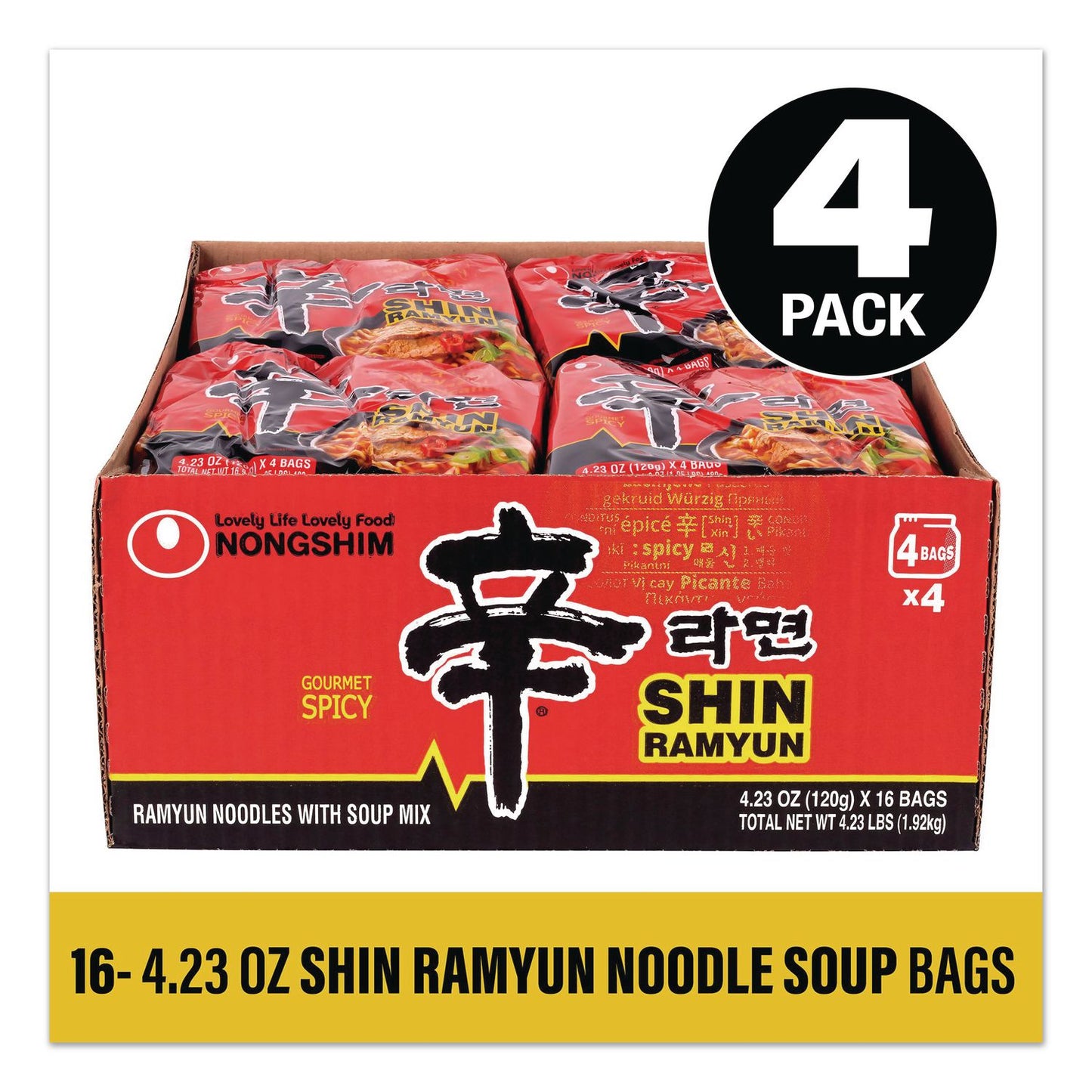 NONGSHIM® Gourmet Spicy Ramyun Noodle Soup, Spicy Chicken, 4.23 oz Packet, 16/Carton (GRR22002654)
