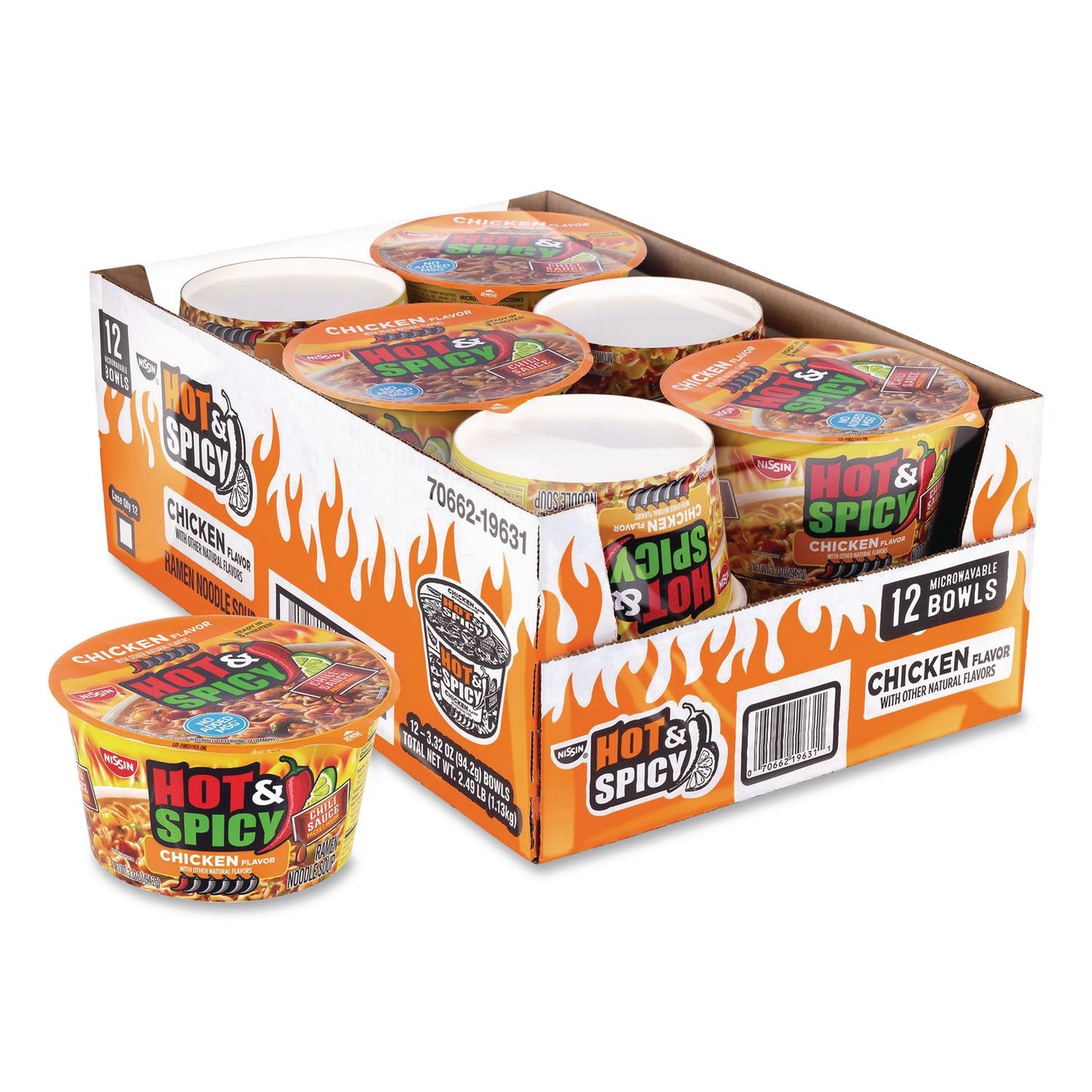 Nissin® Hot and Spicy Chicken Soup Bowl, Chicken, 3.32 oz Bowl, 12/Carton (GRR22002656)