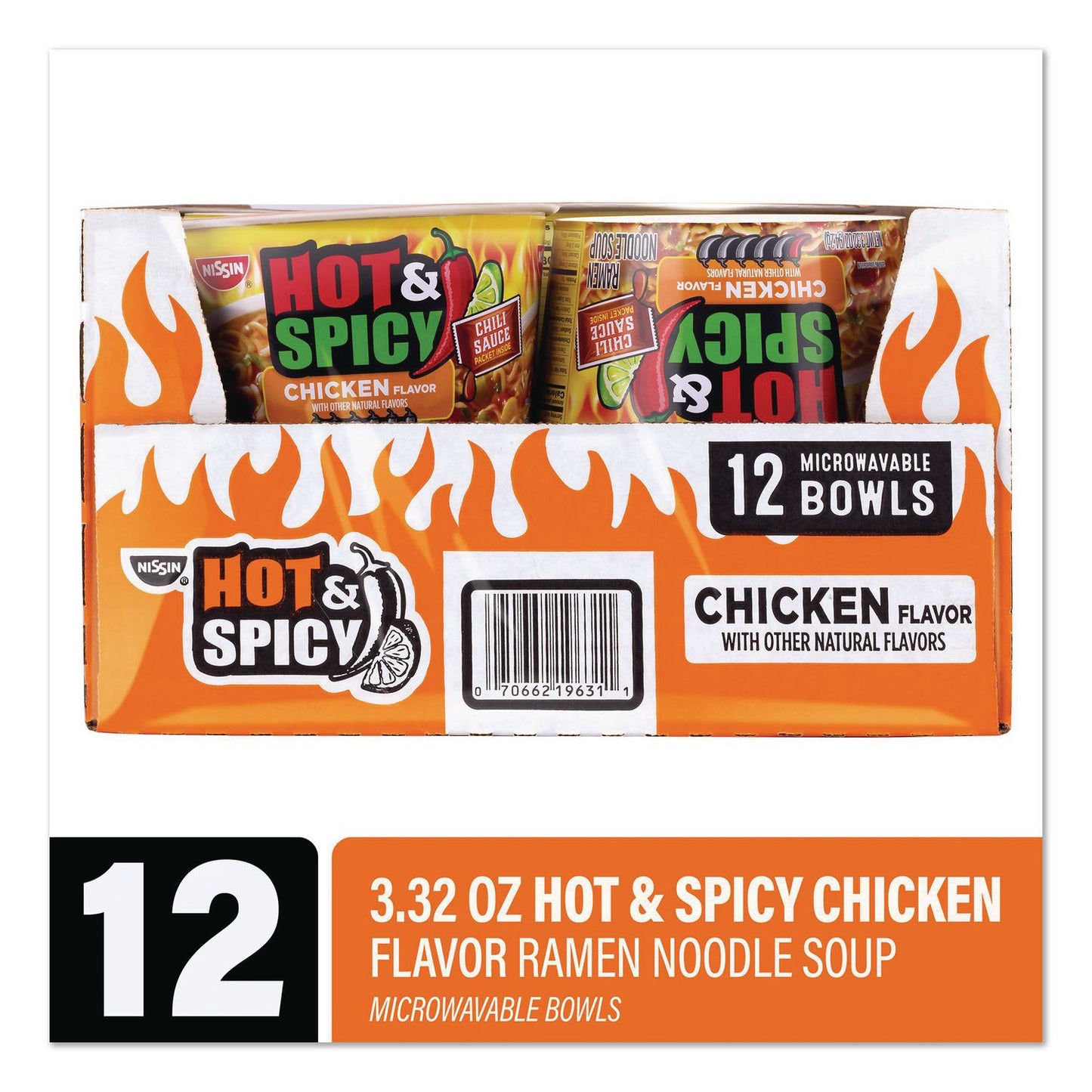 Nissin® Hot and Spicy Chicken Soup Bowl, Chicken, 3.32 oz Bowl, 12/Carton (GRR22002656)