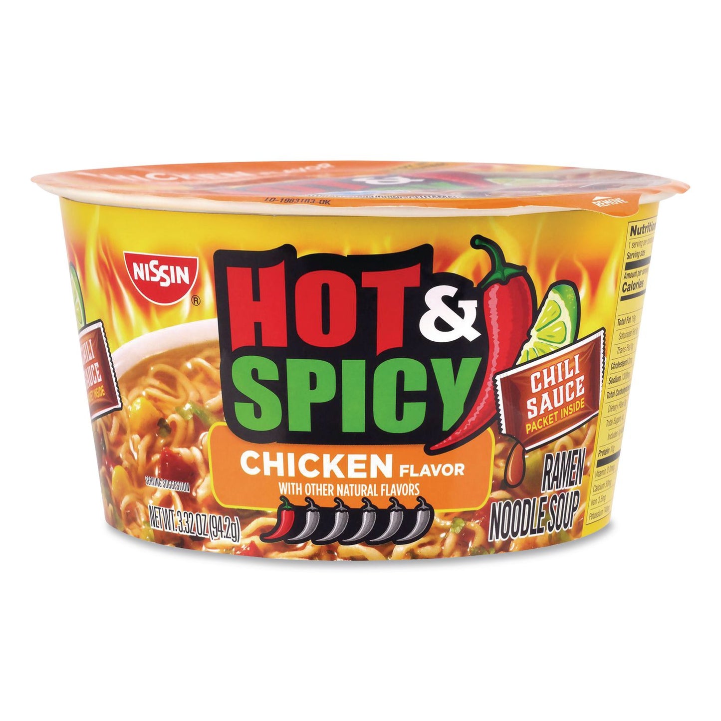 Nissin® Hot and Spicy Chicken Soup Bowl, Chicken, 3.32 oz Bowl, 12/Carton (GRR22002656)