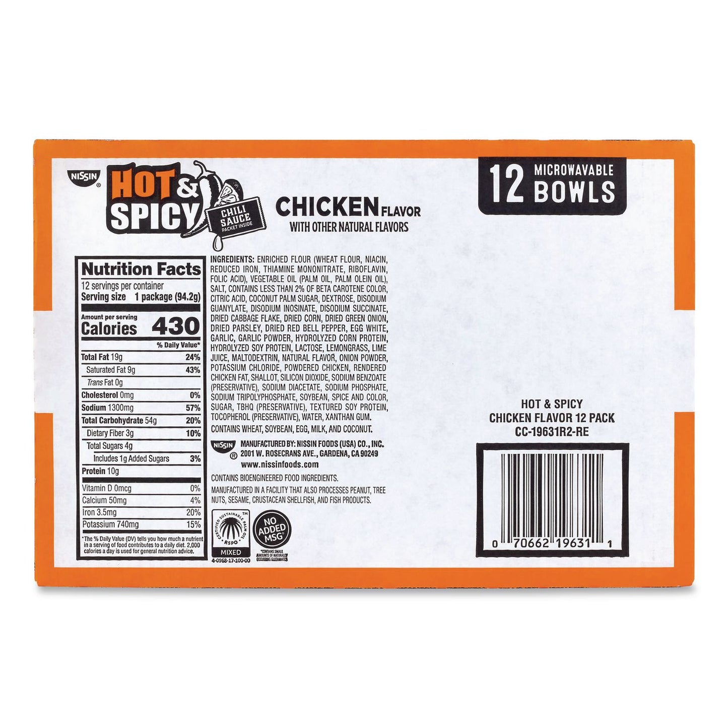 Nissin® Hot and Spicy Chicken Soup Bowl, Chicken, 3.32 oz Bowl, 12/Carton (GRR22002656)