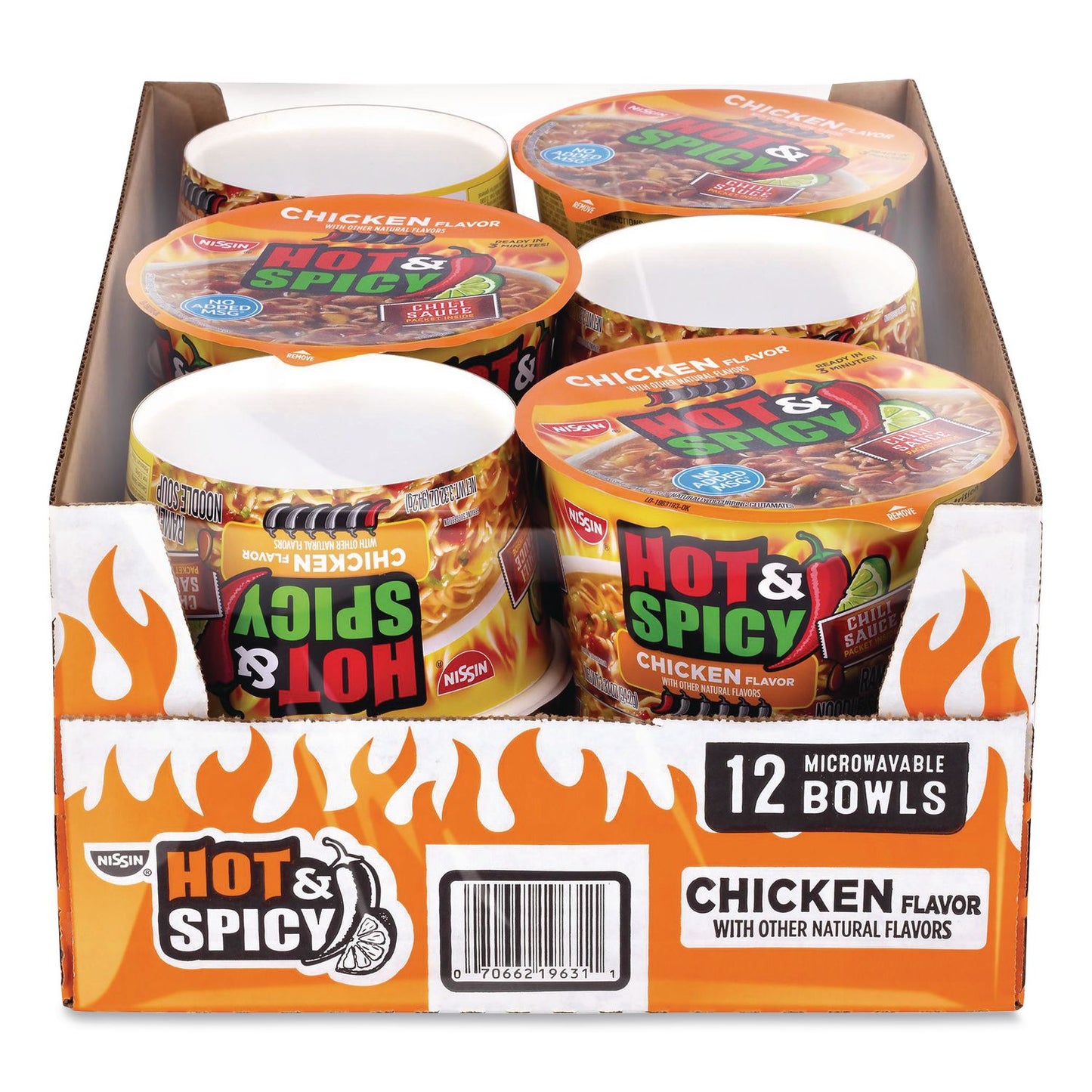 Nissin® Hot and Spicy Chicken Soup Bowl, Chicken, 3.32 oz Bowl, 12/Carton (GRR22002656)