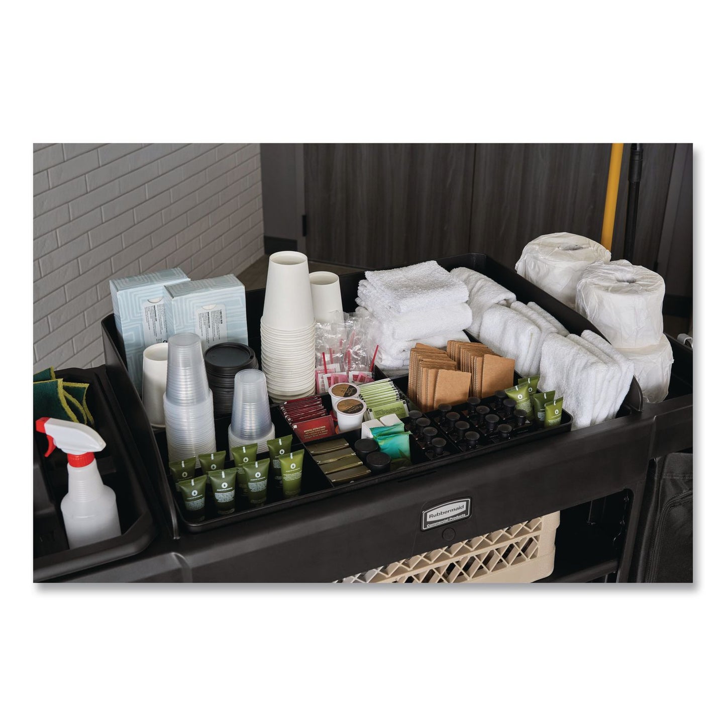 Rubbermaid® Commercial Amenity Organizer for all Rubbermaid Commercial Full Size and Compact Housekeeping Carts, 11 Sections, 18.75 x 3.62, Black (RCP2124078)