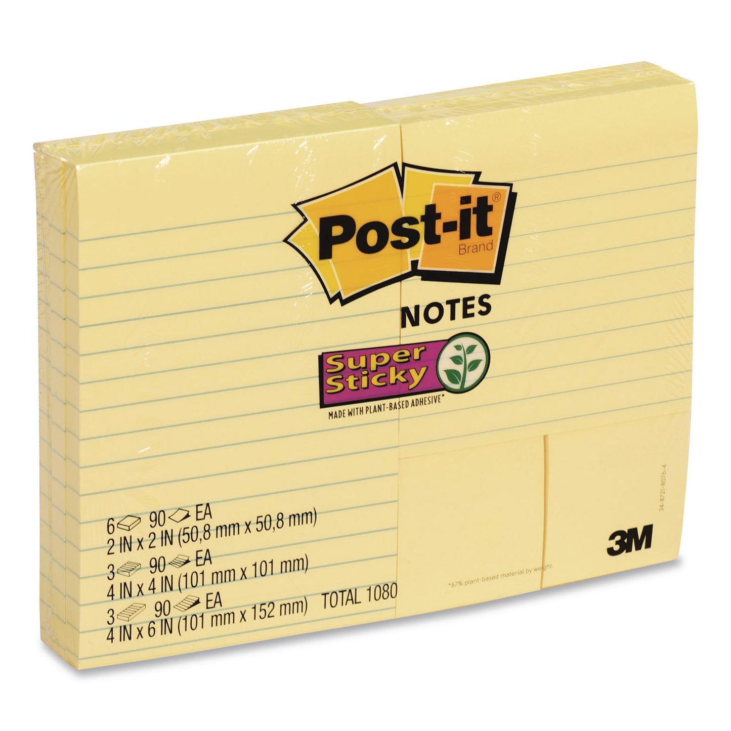 Post-it® Notes Super Sticky Canary Yellow Pads Combo Pack, (6) Unruled 1.88 x 1.88, (3) Note Ruled 4 x 4, (3) Note Ruled 4 x 6, 90 Sheets/Pad, 12 Pads/PK (MMM2937240)