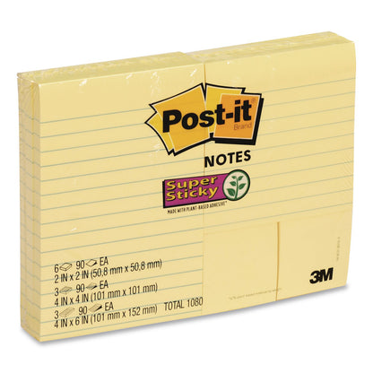 Post-it® Notes Super Sticky Canary Yellow Pads Combo Pack, (6) Unruled 1.88 x 1.88, (3) Note Ruled 4 x 4, (3) Note Ruled 4 x 6, 90 Sheets/Pad, 12 Pads/PK (MMM2937240)