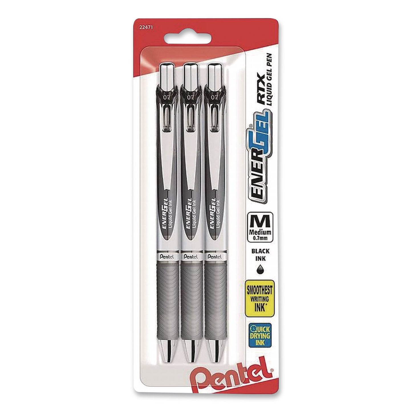 Pentel® EnerGel RTX Liquid Gel Pen, Retractable. Medium 0.7 mm, Black Ink, Black/Gray Barrel, 3/Pack (PENBL77BP3A)