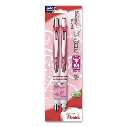 Pentel® EnerGel Pearl Deluxe Pink Special Edition Liquid Gel Pen, Retractable, Medium 0.7 mm, Pink Ink, White Pearl/Pink Barrel, 2/PK (PENBL77WBP2PP)