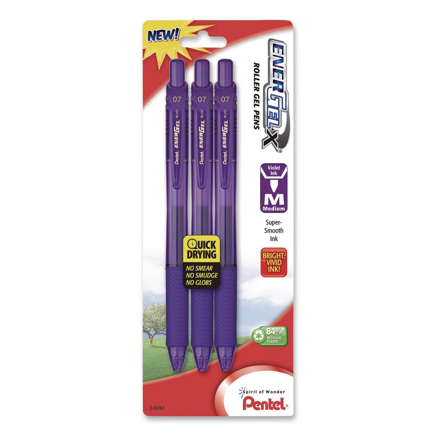 Pentel® EnerGel-X Gel Pen, Retractable, Medium 0.7 mm, Violet Ink, Translucent Violet/Violet Barrel, 3/Pack (PENBL107BP3V)